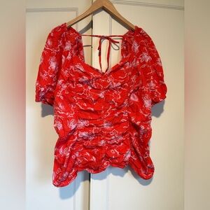 Ava & Viv Red Floral Puff Sleeve Ruched Blouse